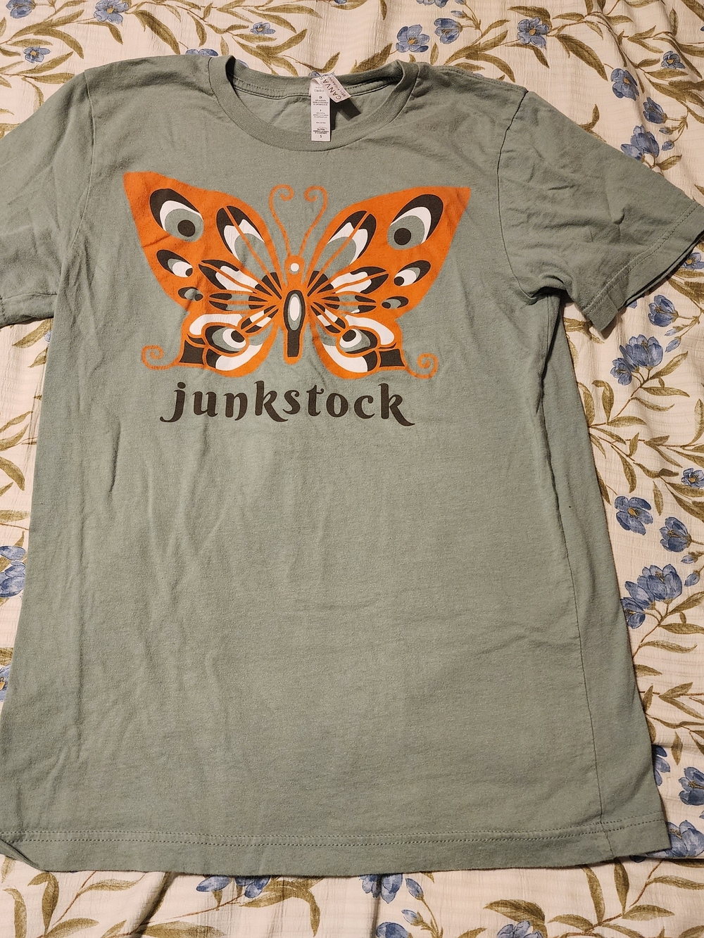 Junkstock Sage Green Short Sleeve Tee with Orange Butterfly Graphic